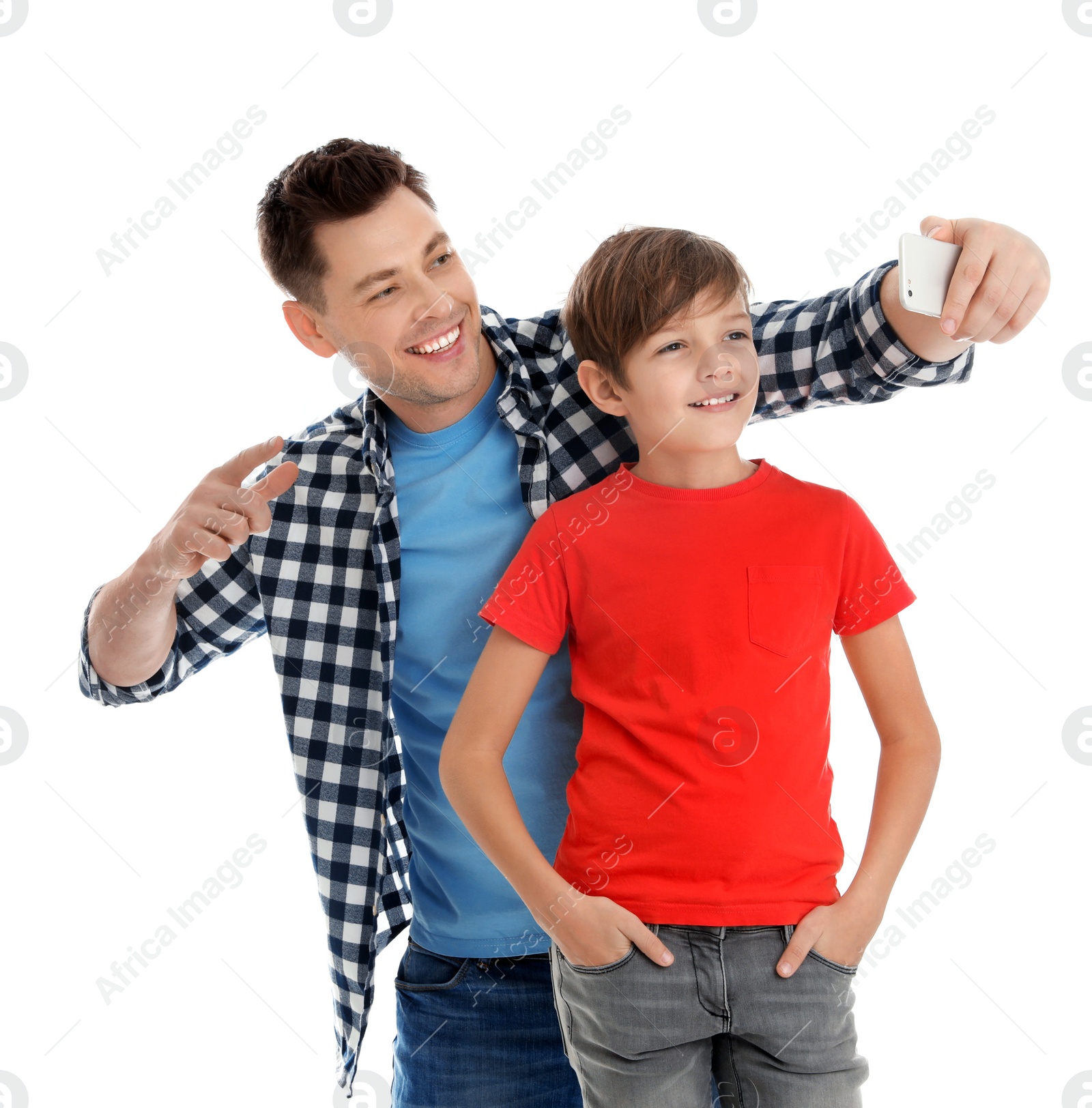 Photo of Dad and his son taking selfie on white background
