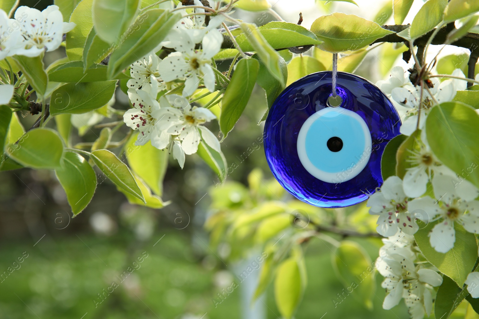 Photo of Evil eye amulet hanging on blossoming spring tree outdoors, closeup. Space for text