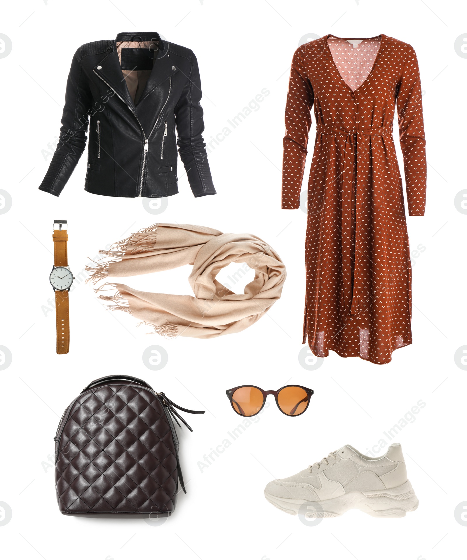 Image of Set of stylish female clothes and accessories on white background