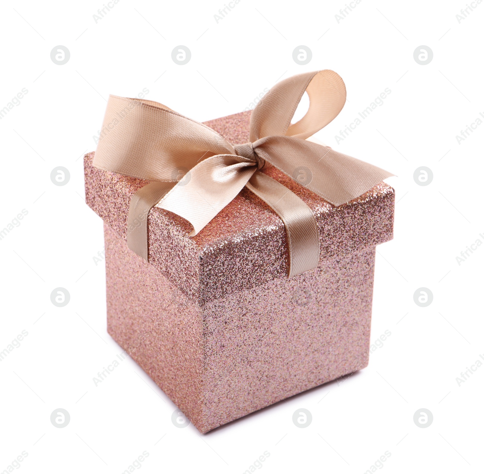 Photo of Shiny gift box with golden bow on white background