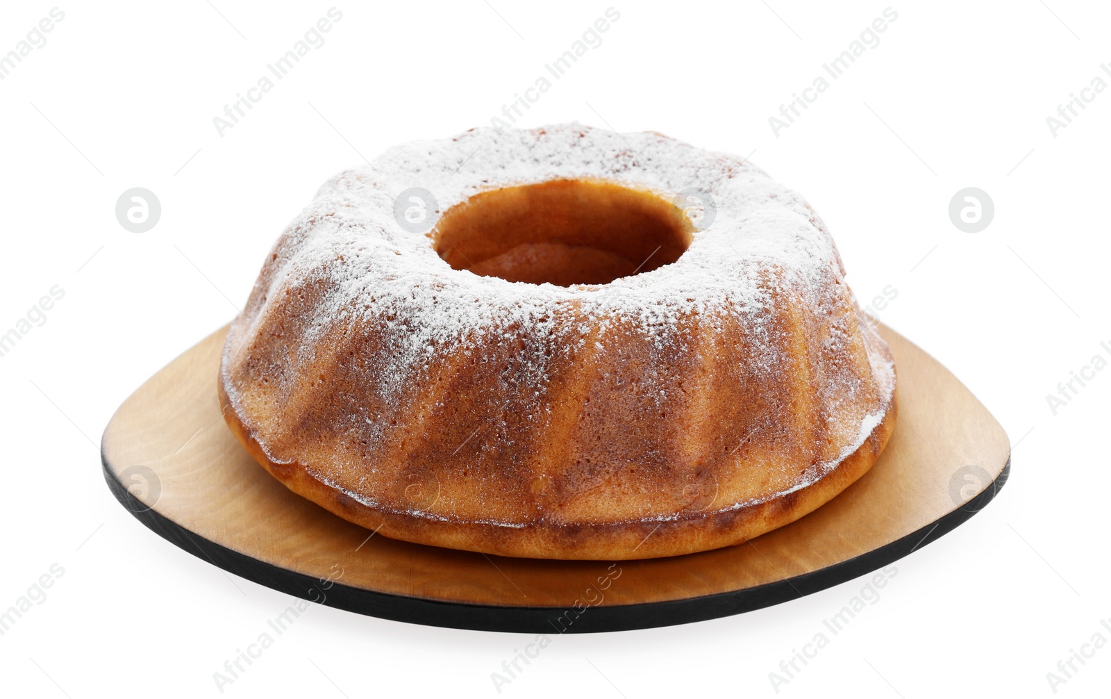 Photo of Homemade yogurt cake with powdered sugar on white background