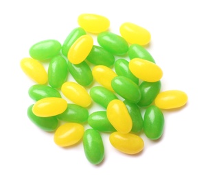 Photo of Pile of tasty bright jelly beans isolated on white, top view