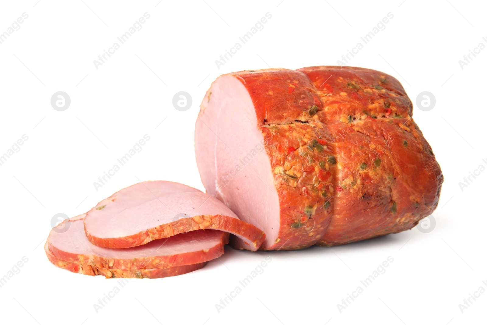 Photo of Smoked homemade delicious ham on white background