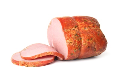 Photo of Smoked homemade delicious ham on white background