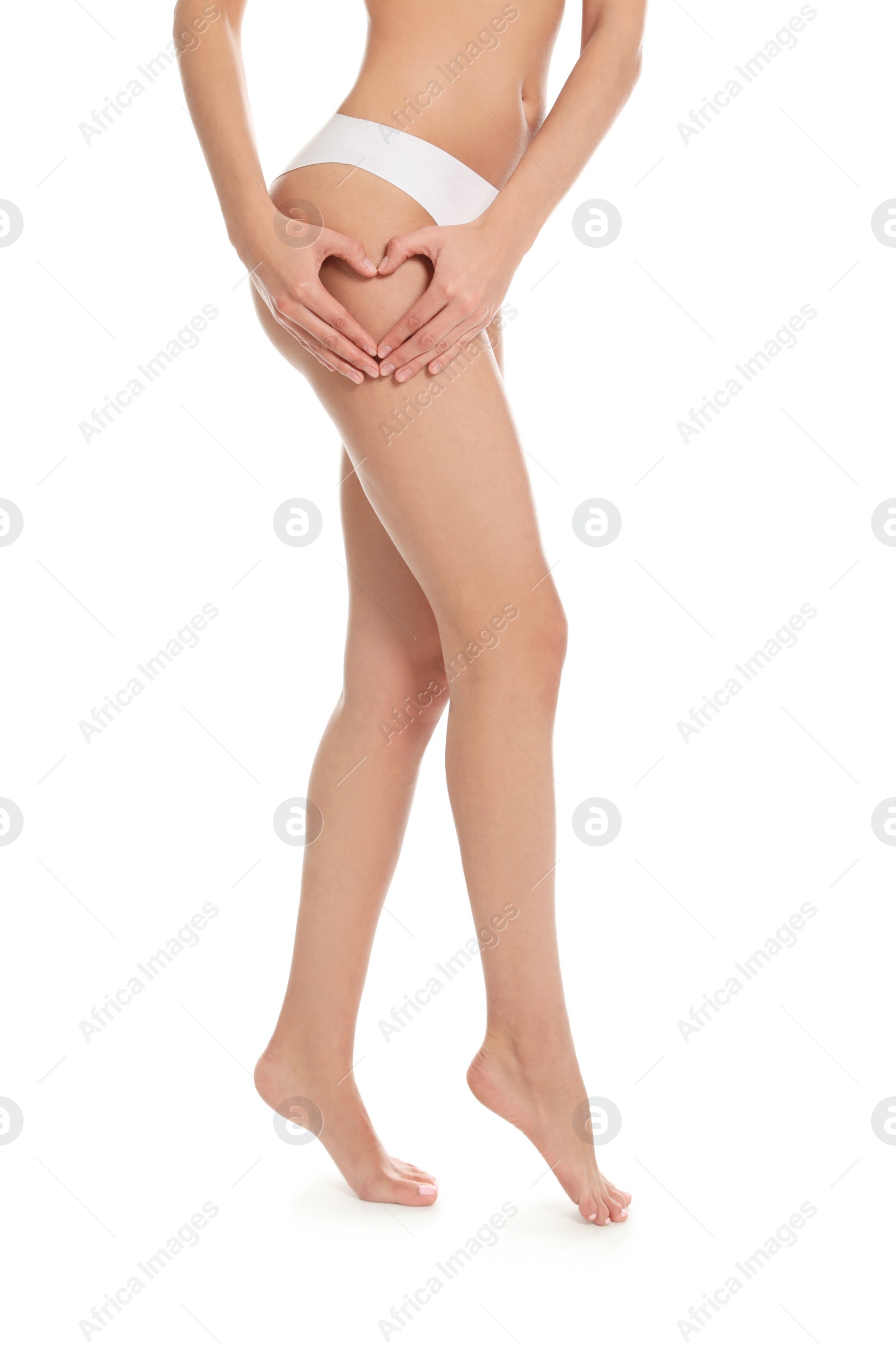 Photo of Slim young woman with smooth gentle skin on white background. Beauty and body care concept