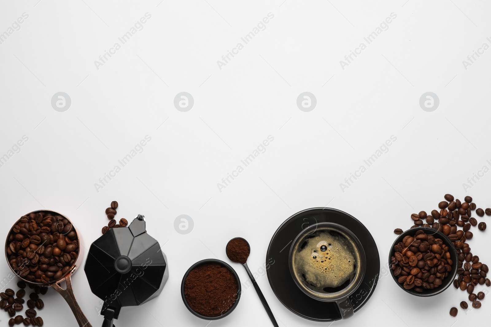 Photo of Flat lay composition with coffee grounds and roasted beans on white background, space for text