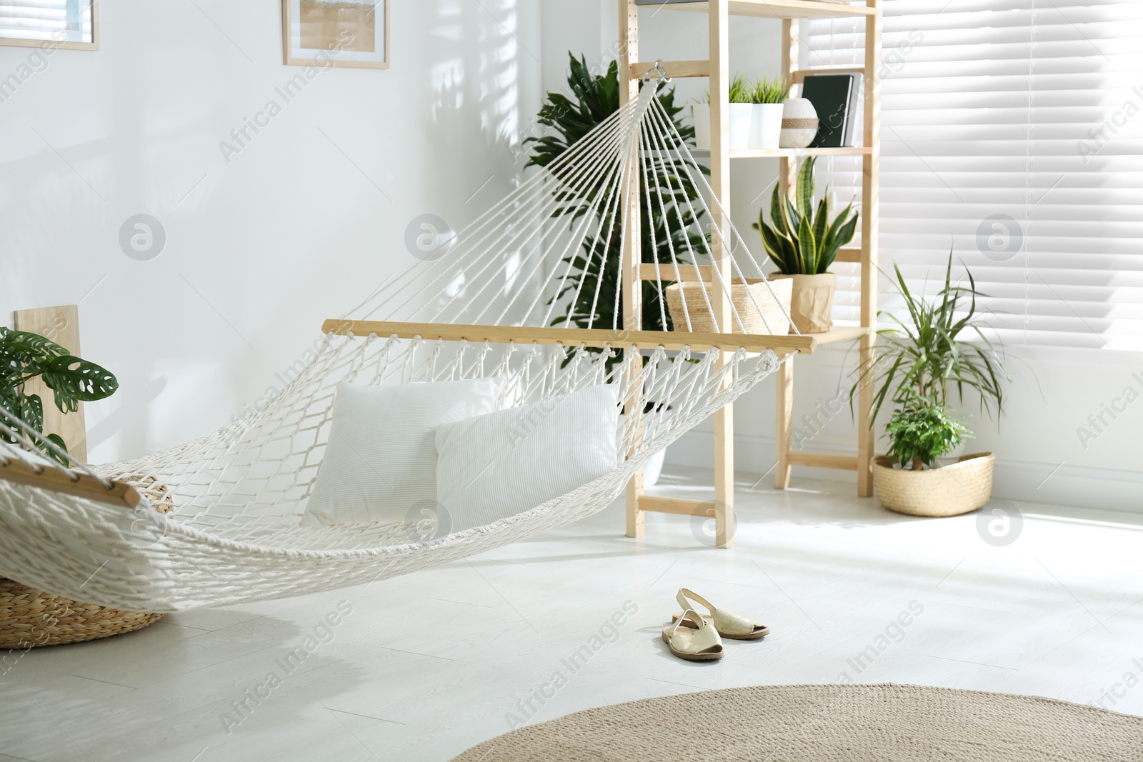 Photo of Comfortable hammock in stylish room. Interior design