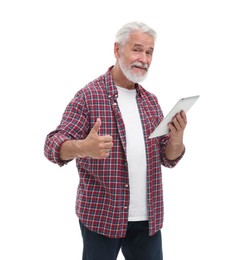 Photo of Man with tablet showing thumb up on white background