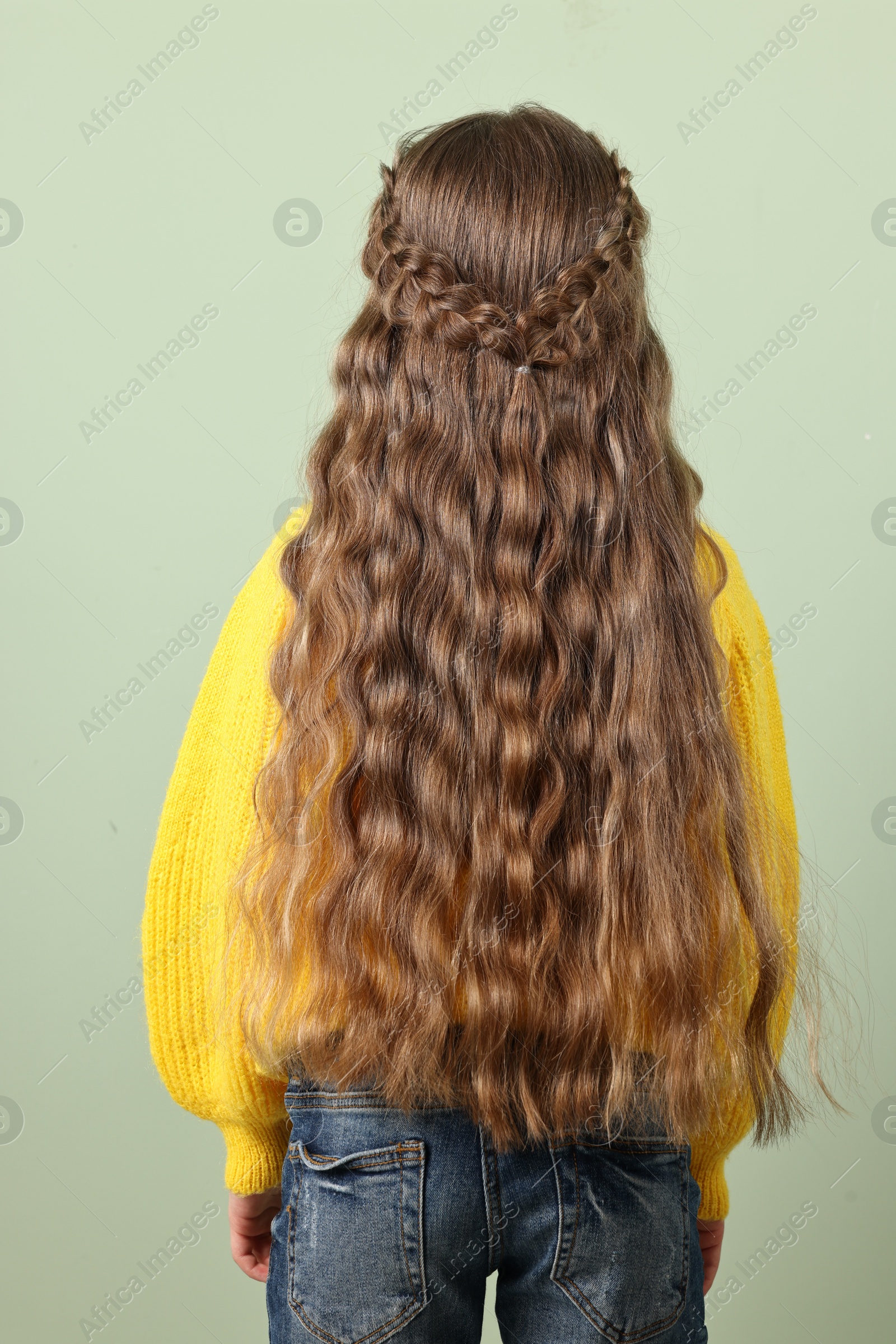 Photo of Little girl with braided hair on light green background, back view