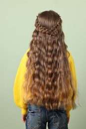 Photo of Little girl with braided hair on light green background, back view