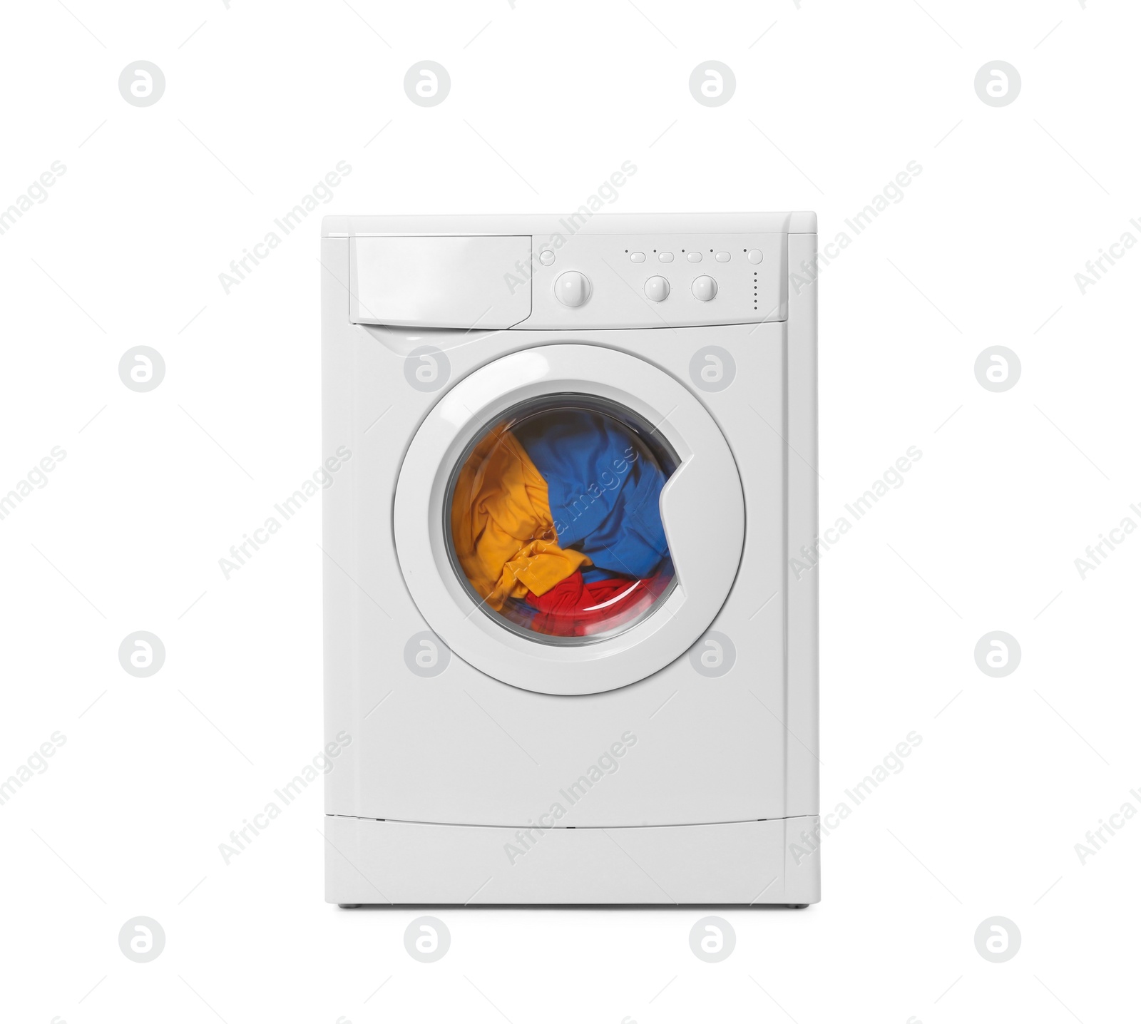 Photo of Modern washing machine with clothes isolated on white