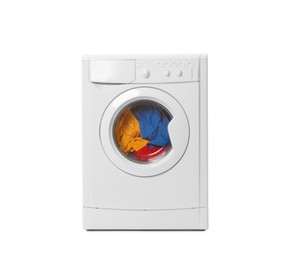 Modern washing machine with clothes isolated on white