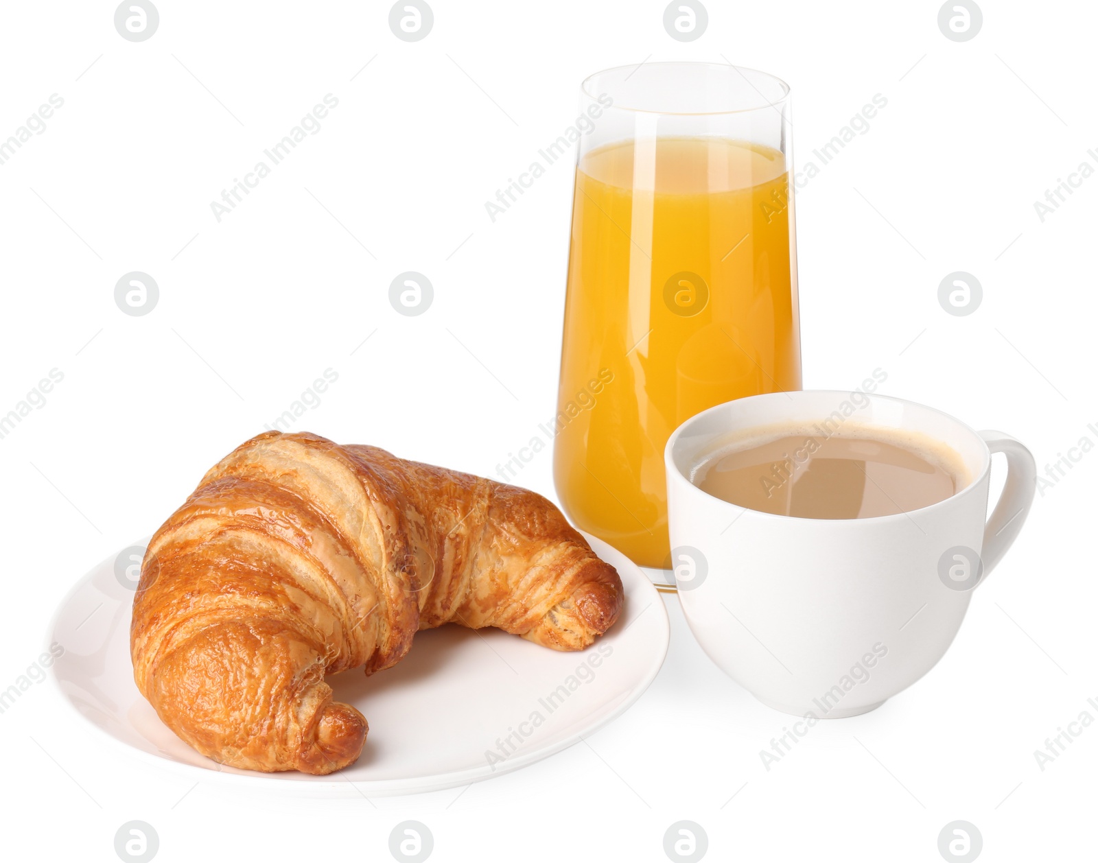 Photo of Delicious fresh croissant, cup with coffee and glass of orange juice isolated on white