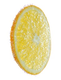 Photo of Fresh orange slice in sparkling water on white background