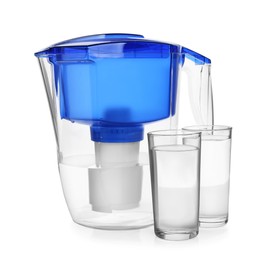 Filter jug and glasses with purified water on white background