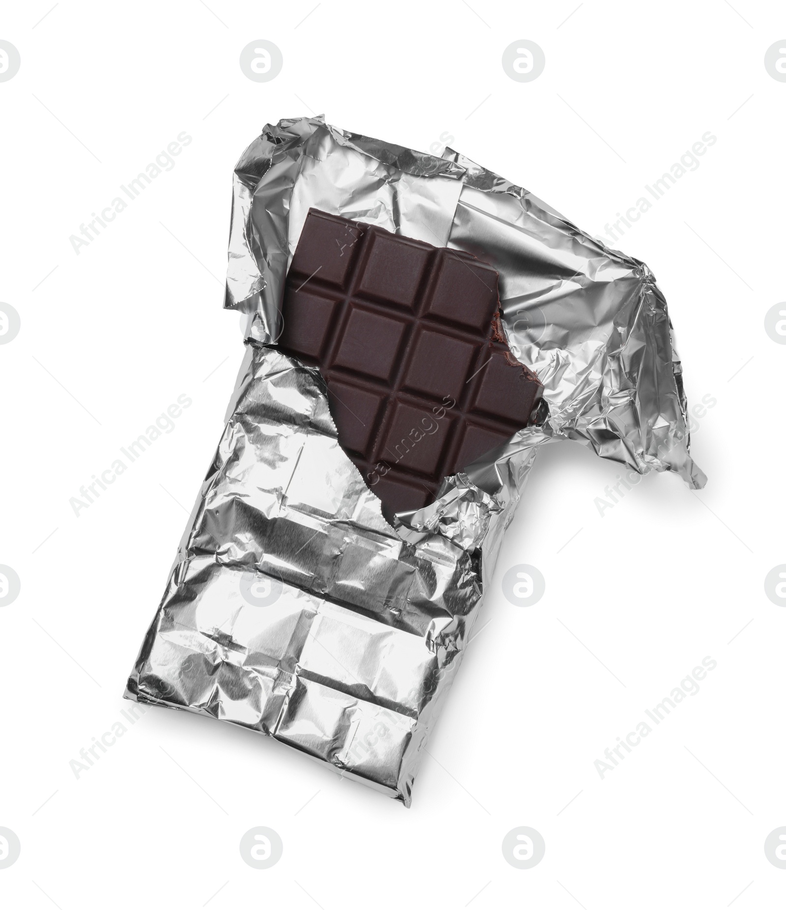 Photo of Delicious dark chocolate bar on white background, top view