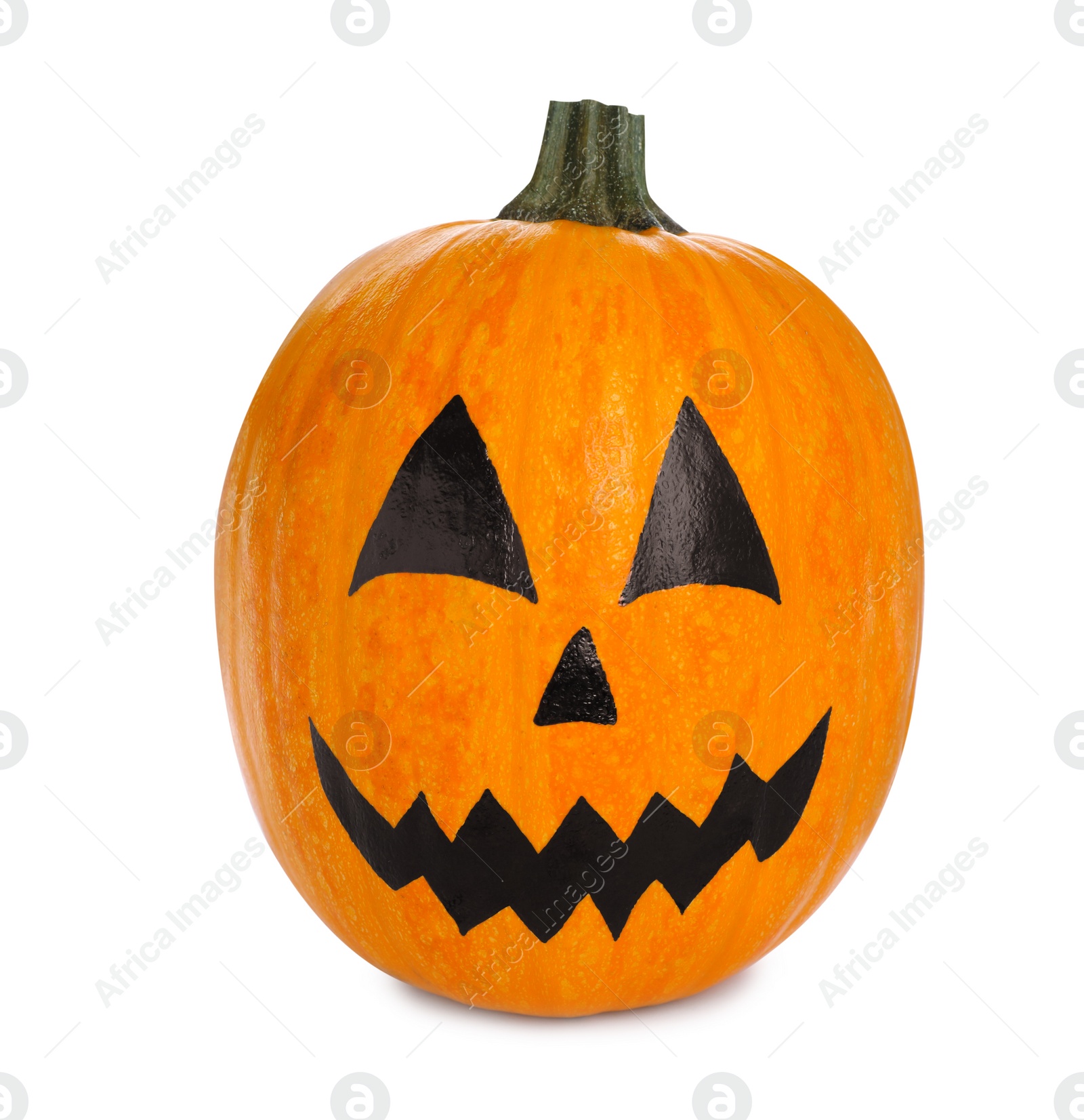 Photo of Pumpkin with drawn spooky face isolated on white. Halloween celebration