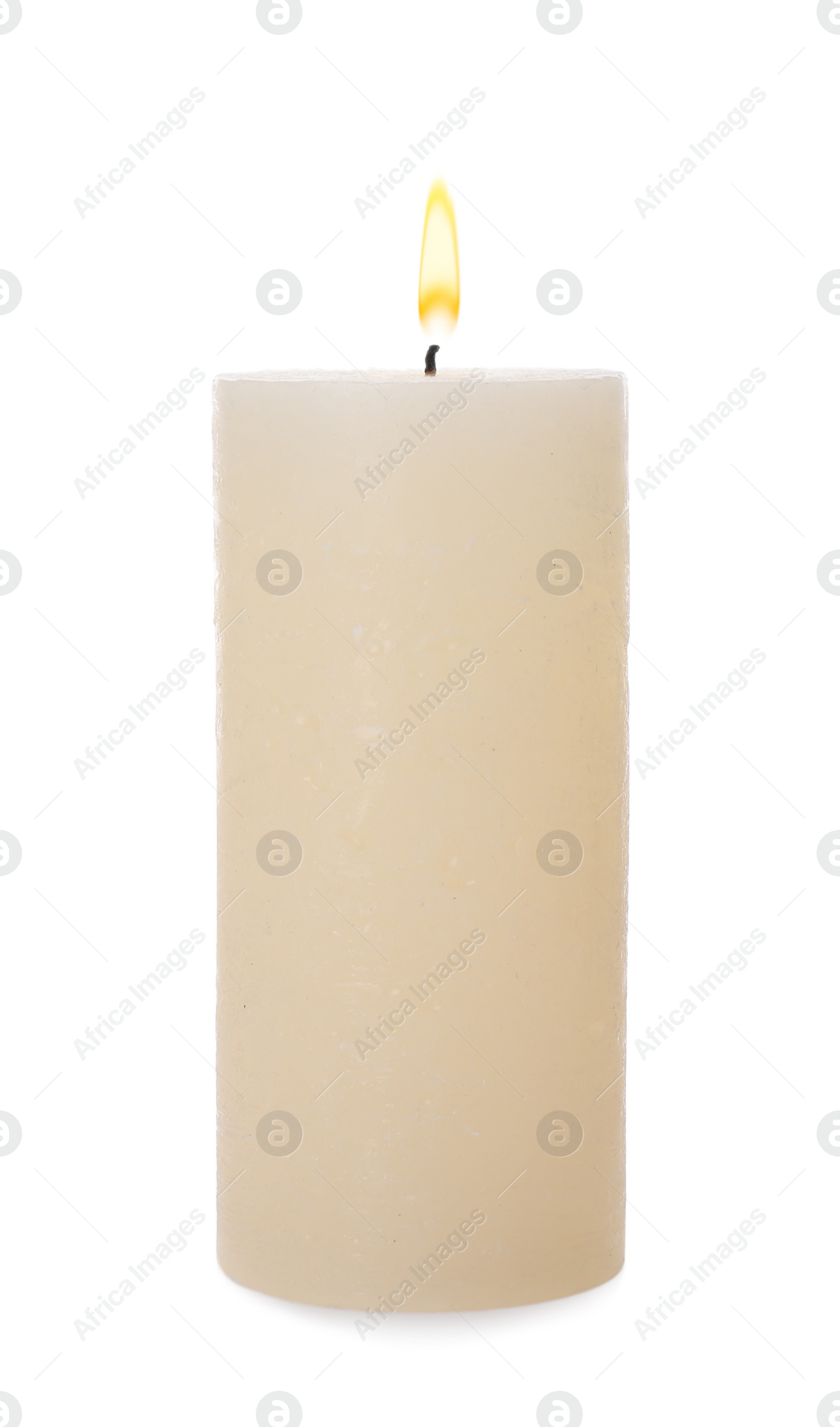 Photo of Pillar wax candle isolated on white. Beautiful decor