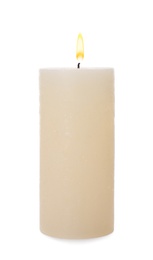 Photo of Pillar wax candle isolated on white. Beautiful decor