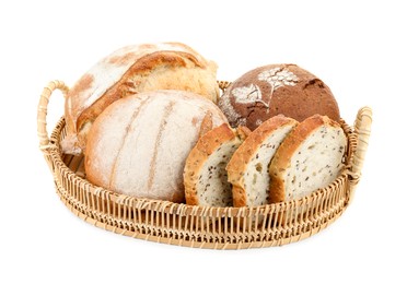 Wicker basket with different types of fresh bread isolated on white