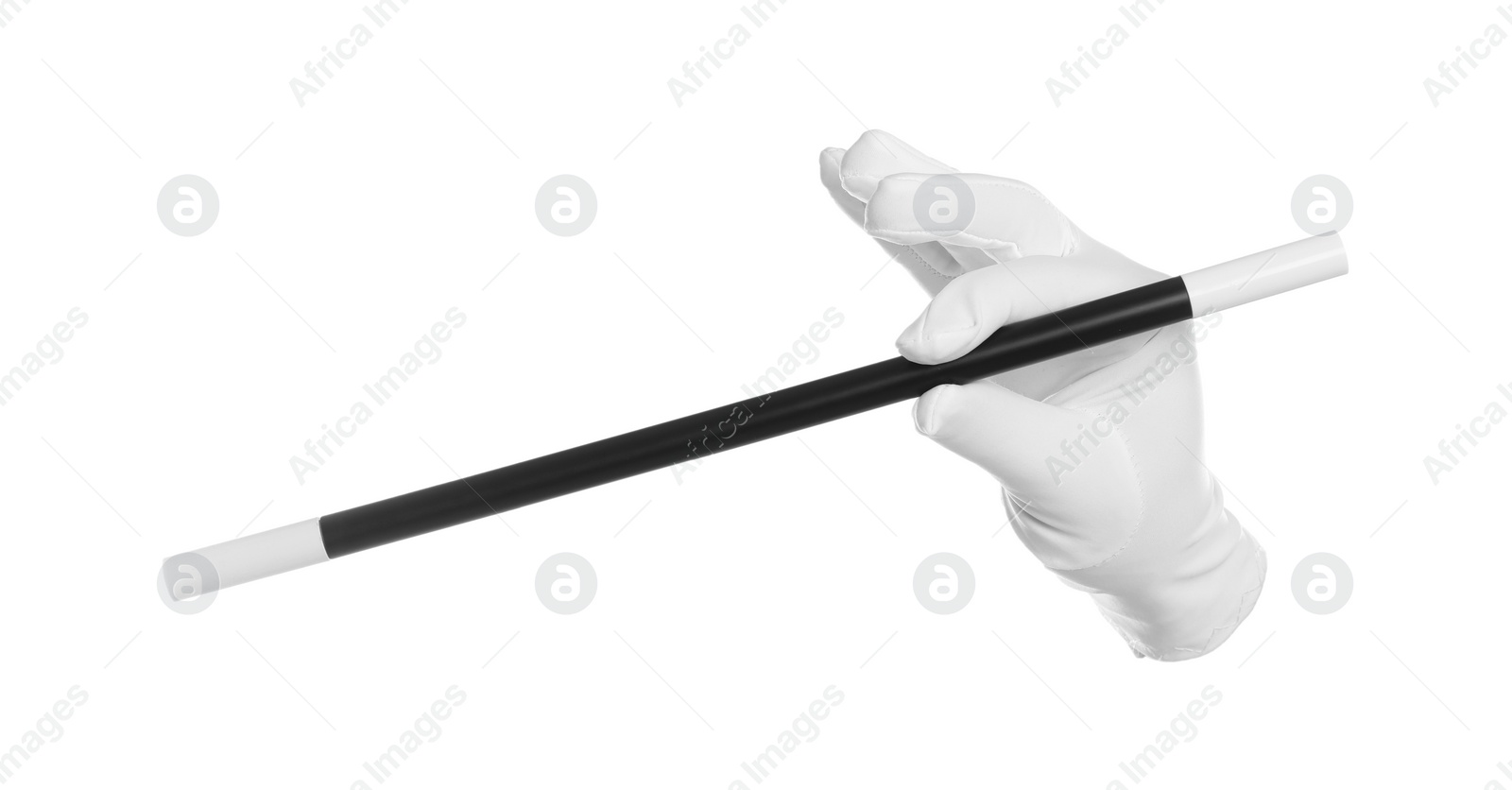 Photo of Magician with magic wand on white background, closeup