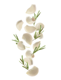 Set of falling garlic cloves and rosemary on white background