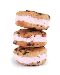 Photo of Sweet delicious ice cream cookie sandwiches on white background