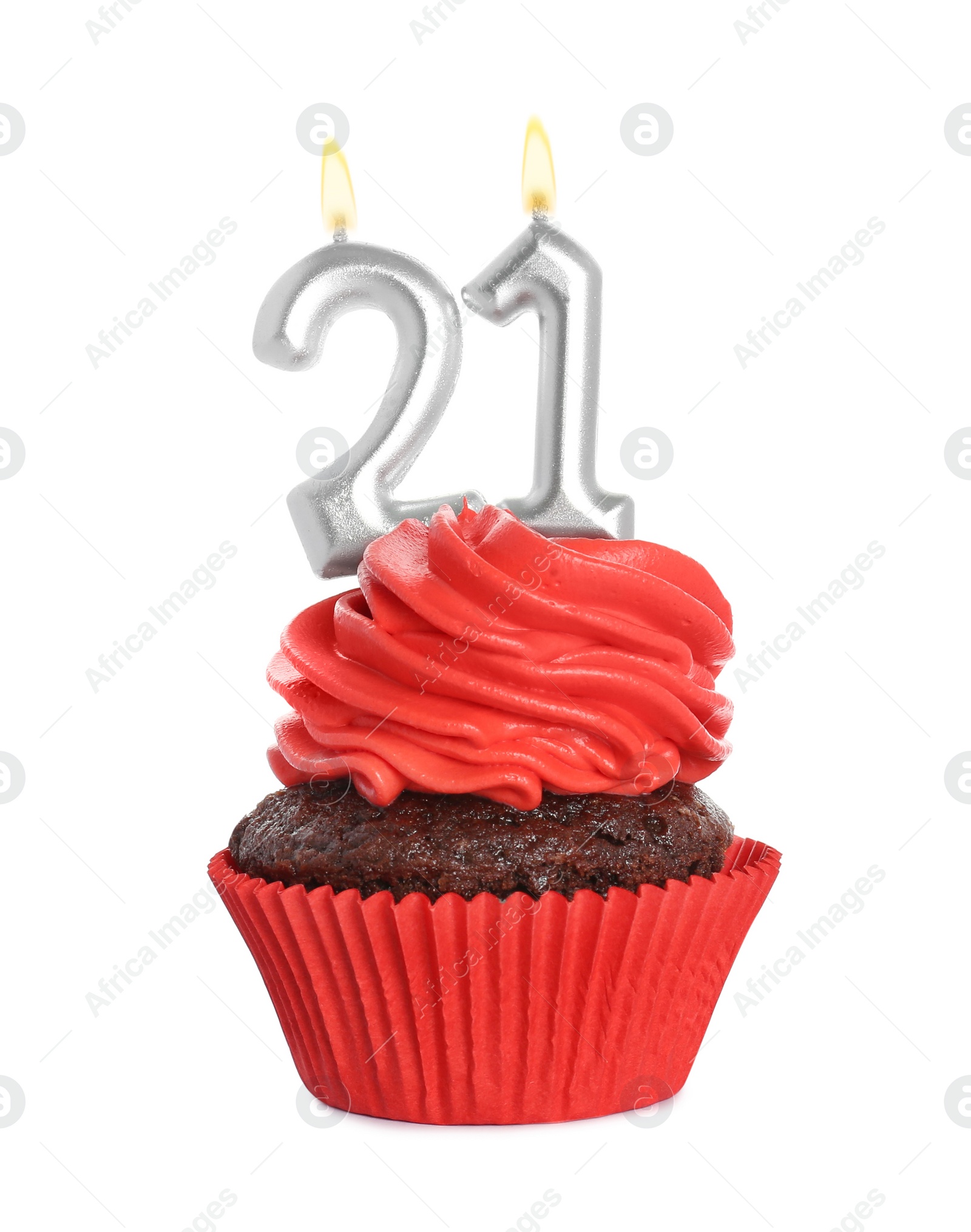 Photo of Delicious cupcake with number shaped candles on white background. Coming of age party - 21th birthday