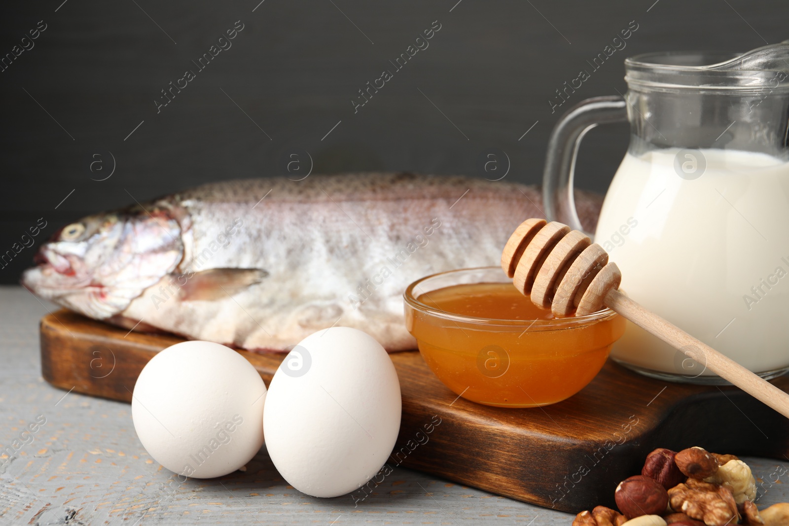 Photo of Allergenic food. Different fresh products on table, closeup