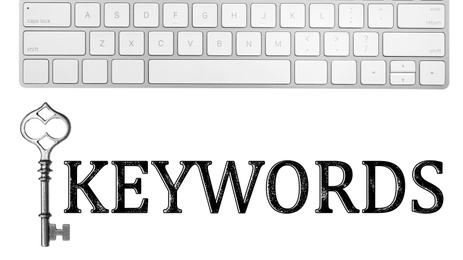 Image of Word Keywords, computer keyboard and key on white background. SEO direction