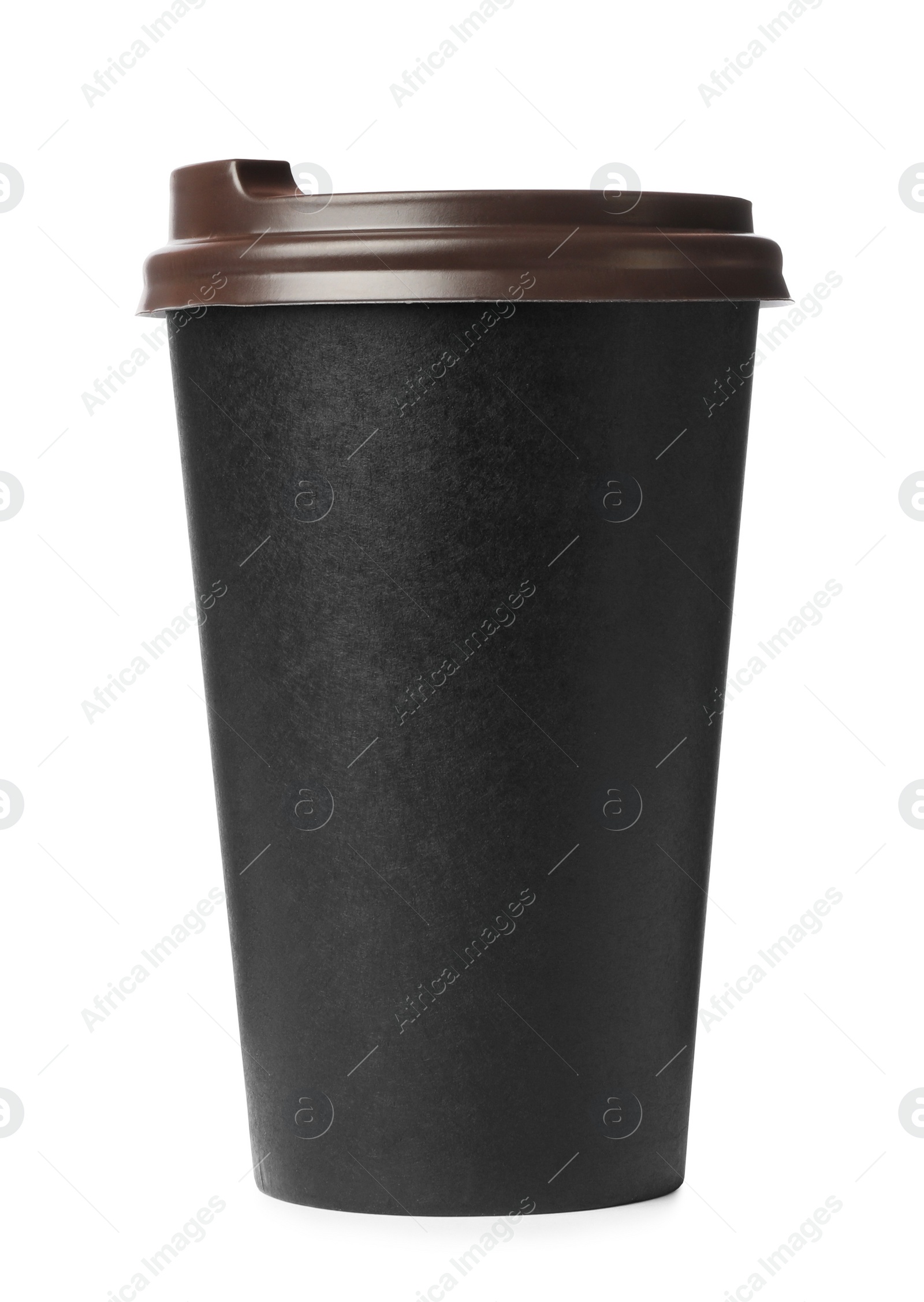 Photo of Black takeaway paper coffee cup isolated on white