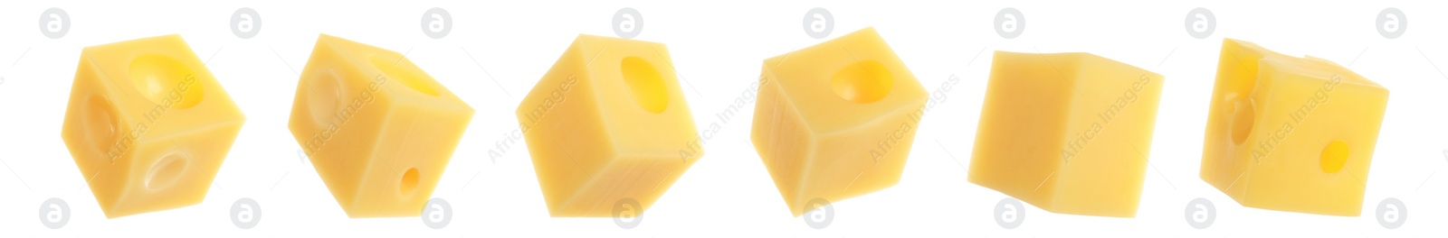 Image of Pieces of delicious cheese on white background, collage. Banner design