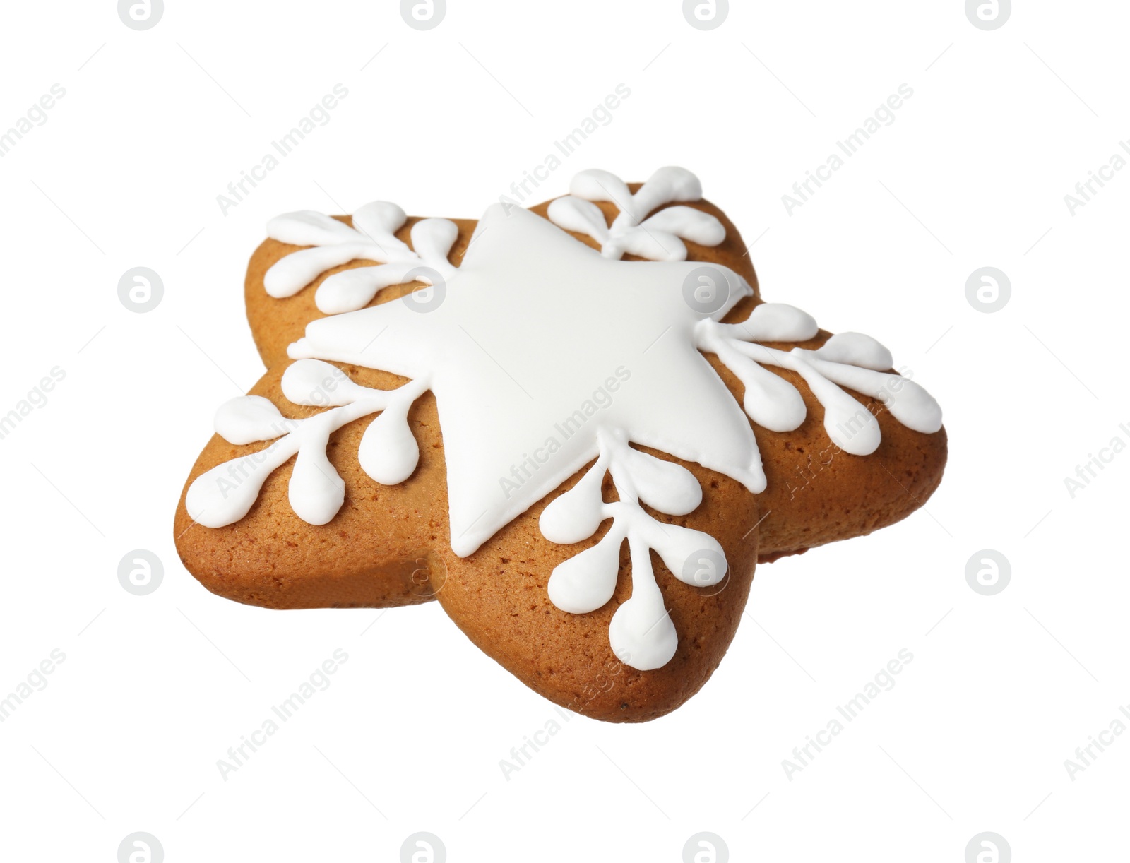 Photo of Tasty star shaped Christmas cookie with icing isolated on white