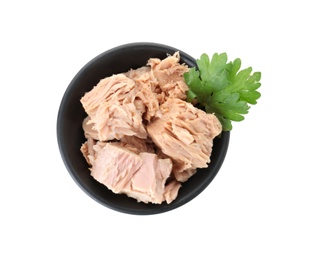 Photo of Bowl with canned tuna on white background, top view