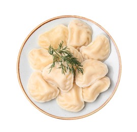 Photo of Cooked dumplings (varenyky) with tasty filling and dill on white background, top view