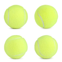 Set with bright tennis balls on white background 