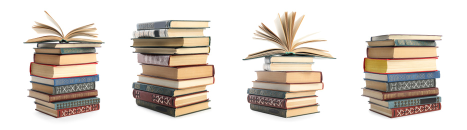 Collection of different retro books on white background. Banner design 