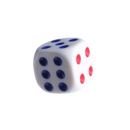 One plastic game dice isolated on white