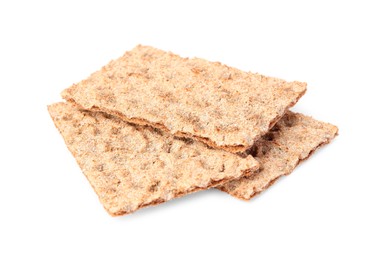 Photo of Many fresh crunchy crispbreads on white background. Healthy snack