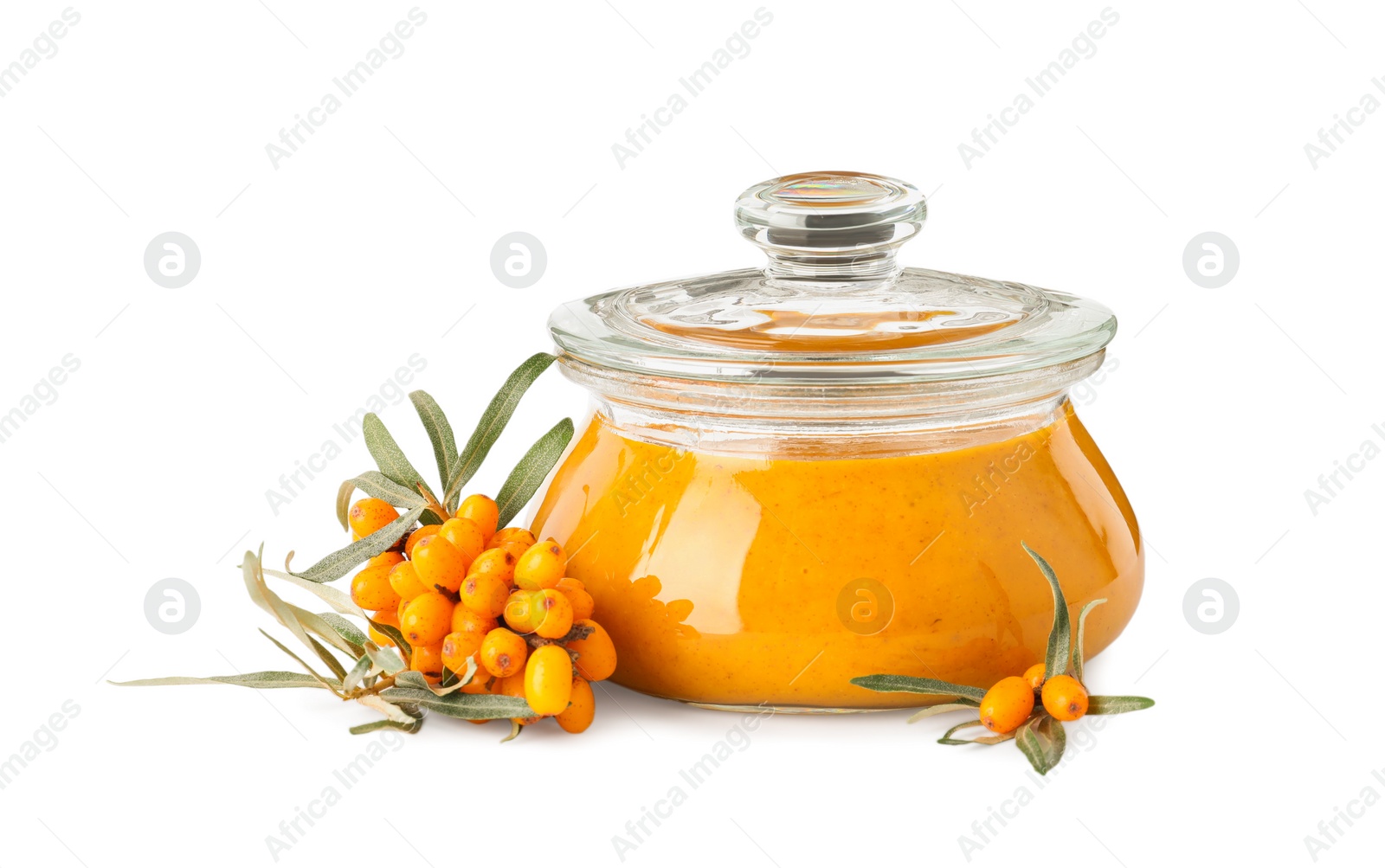 Photo of Delicious sea buckthorn jam in jar and fresh berries on white background