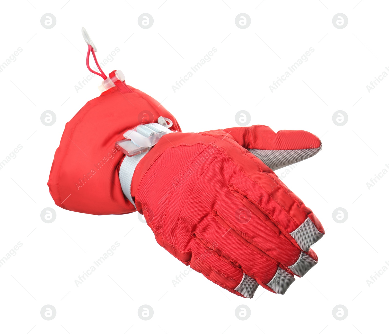 Photo of Woman wearing red ski glove on white background, closeup. Winter sports clothes