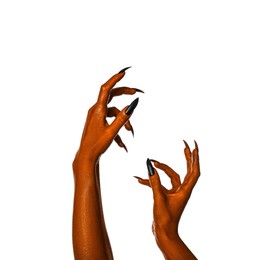Image of Creepy monster. Orange hands with claws isolated on white