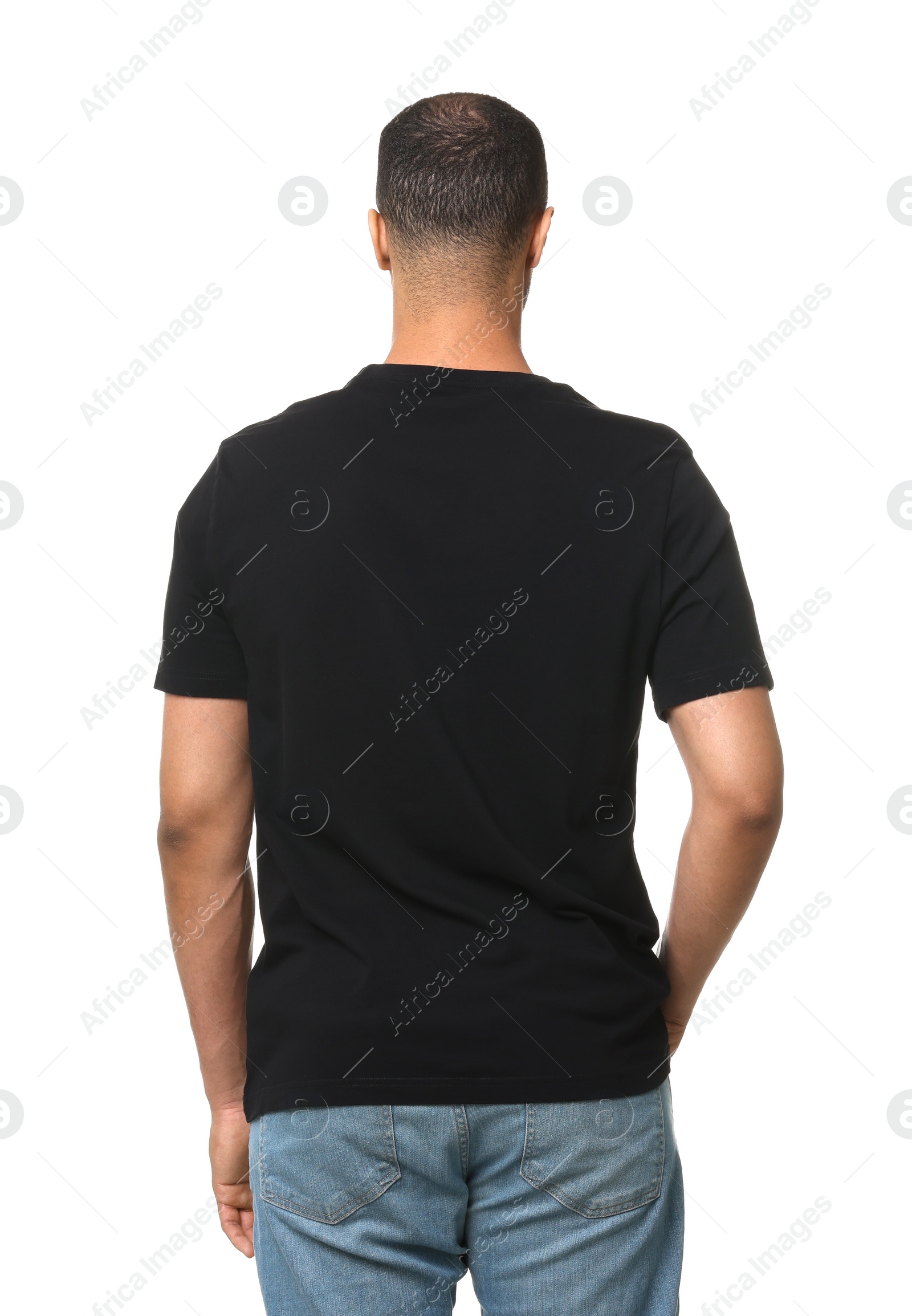 Photo of Man wearing black t-shirt on white background, back view
