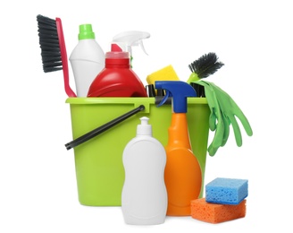 Photo of Bucket with different cleaning products and tools on white background