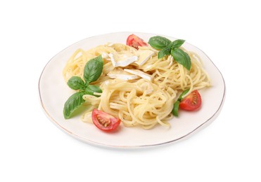 Delicious pasta with brie cheese, tomatoes and basil leaves on white background
