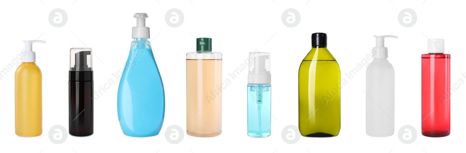 Image of Set of different face cleansers or other cosmetic products isolated on white