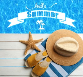 Image of Hello Summer. Beach accessories on white wooden deck near swimming pool, flat lay 