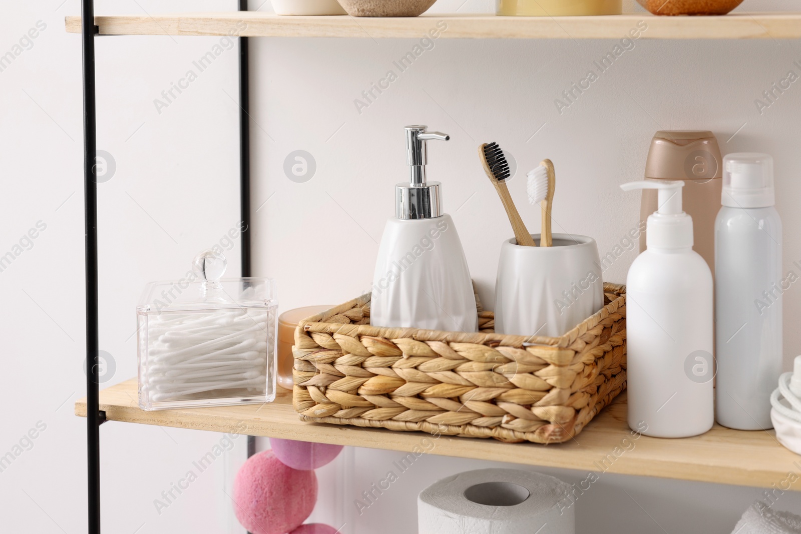 Photo of Different bath accessories and personal care products indoors