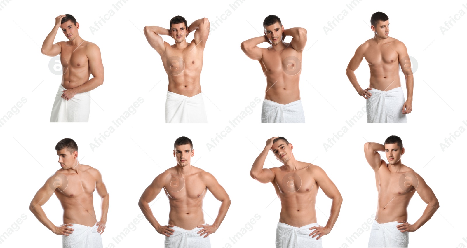 Image of Collage with photos of attractive man with soft towels on white background. Banner design