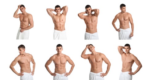 Collage with photos of attractive man with soft towels on white background. Banner design